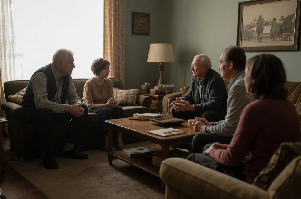 家庭成员围坐讨论，氛围复杂，突出代际关系